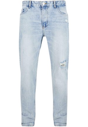 Hellblaue Denim-Jeans im Slim-Fit, mit einem distressten Design und einem Riss auf dem linken Oberschenkel sowie der klassischen Fünf-Taschen-Stil.
