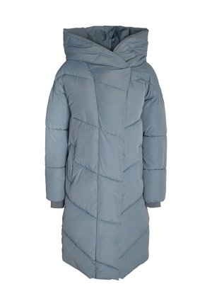 Long manteau en duvet bleu clair, avec un motif géométrique matelassé, un large col et des poignets côtelés. Fabriqué dans un matériau lisse et résistant à l'eau.
