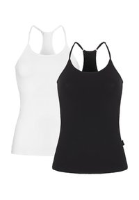 Twee mouwloze tops: de ene in gladde witte stof, de andere in zwart. Beide hebben een racerback-design met dunne bandjes en een getailleerde pasvorm.