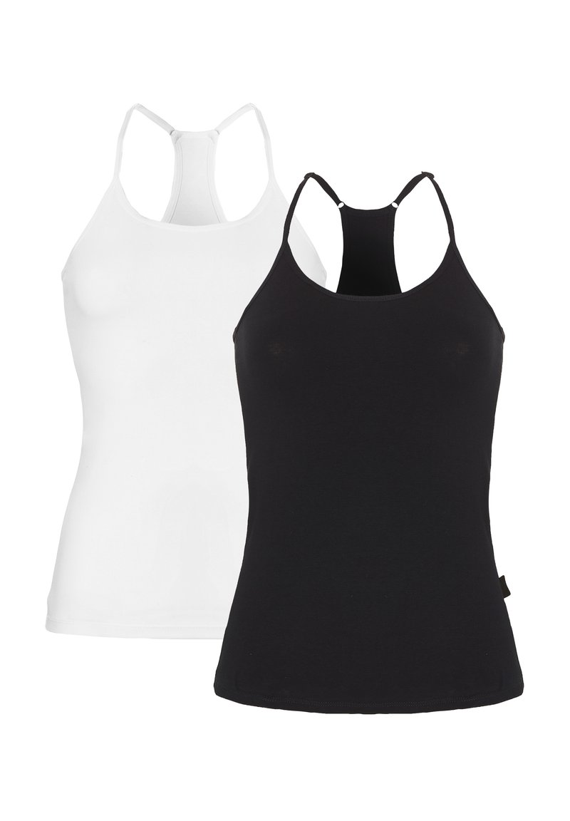 Twee mouwloze tops: de ene in gladde witte stof, de andere in zwart. Beide hebben een racerback-design met dunne bandjes en een getailleerde pasvorm.