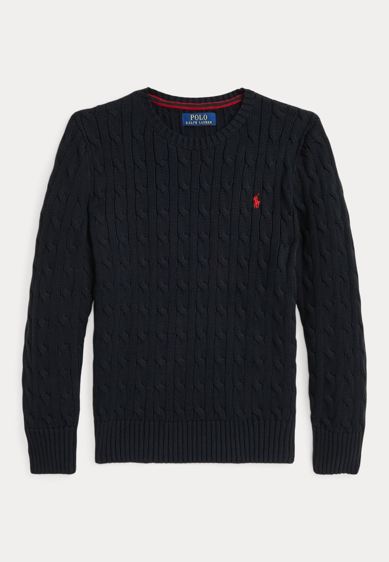 Pull noir à manches longues en maille torsadée avec col rond et logo Polo Ralph Lauren rouge brodé sur la poitrine gauche.