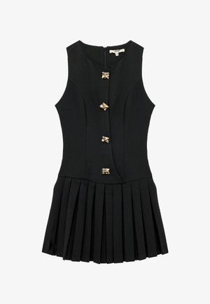Schwarzes Kleid, ärmellos mit einem figurbetonten Oberteil und plissiertem Rock. Mit fünf goldfarbenen Knöpfen und einem Reißverschluss auf der Rückseite.