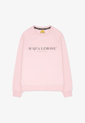 Rosa sweatshirt med rund halsringning, raglanärmar och en logotryck "ACQUA LIMONE classic" på framsidan. Slät tygtextur.