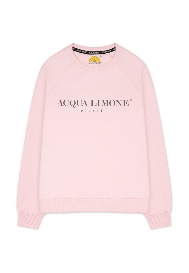 Rosa sweatshirt med rund halsringning, raglanärmar och en logotryck "ACQUA LIMONE classic" på framsidan. Slät tygtextur.
