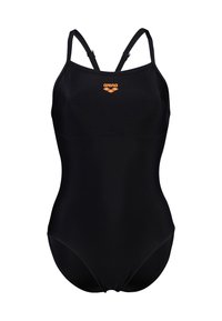 Maillot de bain une pièce noir avec bretelles spaghetti réglables, arborant un logo orange d'arena sur la poitrine et une texture lisse et mate.