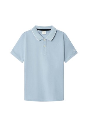 Polo shirt azzurro chiaro con colletto classico, maniche corte e patta con due bottoni. Presenta bordi bianchi a contrasto e logo sulla manica.