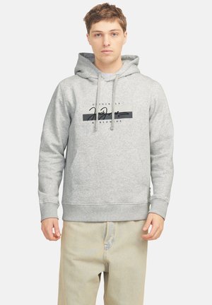 Grey hoodie made from soft fabric with a front pocket, drawstrings, and a printed black logo design across the chest.