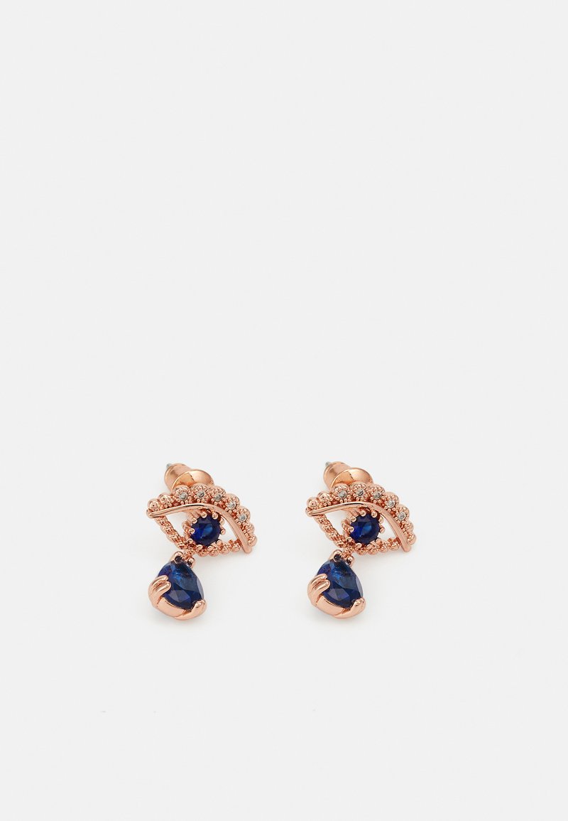 Rose gold earrings featuring a layered design with blue gemstones and small clear accents. Each earring has a teardrop shape and intricate detailing.