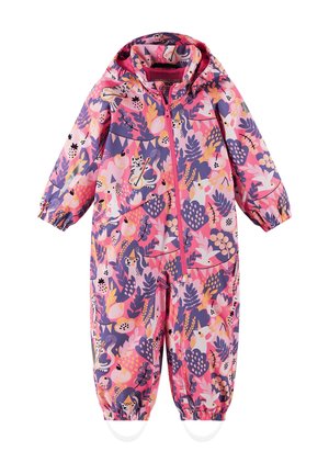 Kinder-Einteiler mit Kapuze, bedruckt mit pinken, lila und orangefarbenen Blumen- und Tiermotiven, vorne mit Reißverschluss, elastischen Bündchen und Fußriemen.