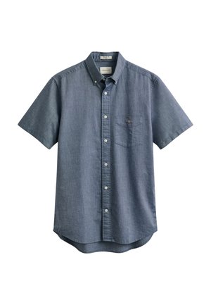 Kurzärmeliges Chambray-Hemd in Blau mit Brusttasche und Knopfkragen.