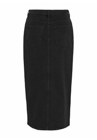 Black denim pencil skirt with a straight silhouette, featuring back pockets, a central seam, and a clean hemline. Smooth texture.