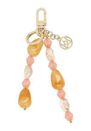 Võtmehoidja kuldse kinnituse, kuldse rõnga ning kahe lehvivate helmekee triibuga, mis on toonides virsiku, koore ja merevaigu, ümara kuldse ripatsiga.