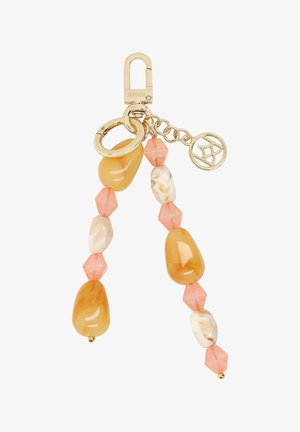 Võtmehoidja kuldse kinnituse, kuldse rõnga ning kahe lehvivate helmekee triibuga, mis on toonides virsiku, koore ja merevaigu, ümara kuldse ripatsiga.