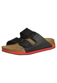 Black two-strap sandal made of leather with a cork footbed. Features a red rubber sole and adjustable metal buckles for a secure fit.