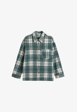 Grøn og hvid bomuldsflannel skjorte med sort ternet mønster, klassisk krave, knapfront, enkelt brystlomme og lange ærmer.