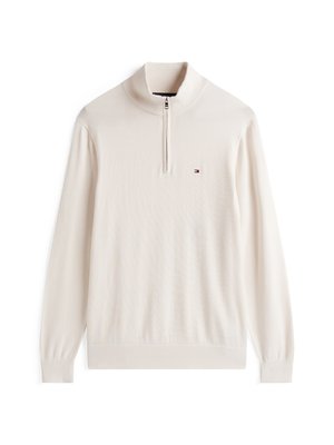 Ljust beige zip-up tröja med hög krage. Tillverkad av mjukt tyg, den har långa ärmar och en liten logotyp på bröstet.