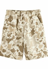 Lätta beige shorts med camouflage-mönster, elastisk midja med dragsko och sidofickor. Tyget har en slät yta.