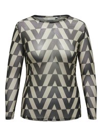 Long-sleeve top in sheer, lightweight material featuring a black and cream zigzag pattern. Round neckline and fitted silhouette.