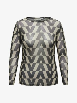 Long-sleeve top in sheer, lightweight material featuring a black and cream zigzag pattern. Round neckline and fitted silhouette.