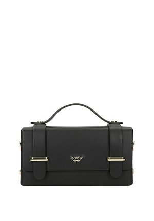 Sac à main rectangulaire noir avec poignée supérieure, deux lanières avant avec boucles dorées et un petit emblème doré au centre avant.