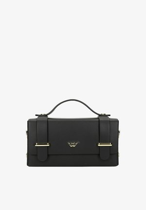 Sac à main rectangulaire noir avec poignée supérieure, deux lanières avant avec boucles dorées et un petit emblème doré au centre avant.