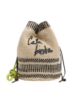 Beżowo-czarna, tkana torba ze ściągaczem z napisem „Cafe Sumatra”, czarno-beżowymi, wzorzystymi paskami oraz zielonym sznureczkiem.