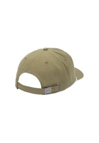 Green cotton baseball cap with a curved visor, adjustable strap at the back, and a metal clasp detail. Features ventilation holes on the crown.