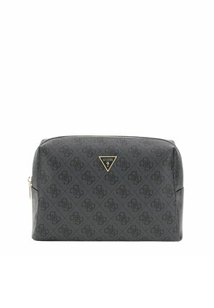 Borsa cosmetica rettangolare grigio scuro con motivo logo scuro su tutta la superficie e logo triangolare dorato Guess sulla parte frontale con chiusura a cerniera.