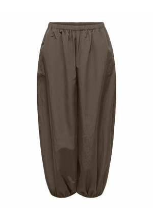 Pantalon ample marron olive avec taille élastique et poignets élastiques froncés, fabriqué dans un tissu légèrement brillant et texturé.
