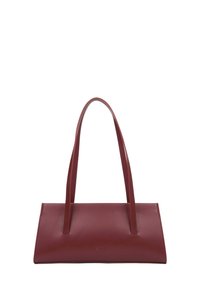 Rechthoekige bordeauxleren tote bag met twee lange handvatten, gladde textuur, ingedrukt logo aan de voorkant en geen zichtbare bevestigingsmaterialen.