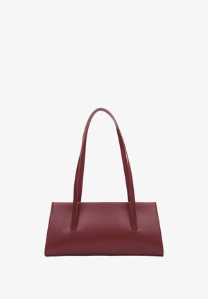Rectangular burgundy leather tote bag with two long handles, smooth texture, embossed logo on the front, and no visible hardware.