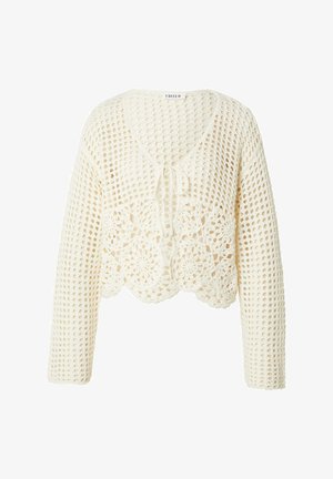 Crèmekleurige gehaakte gebreide cardigan met lange mouwen, geschulpte zoom, bloemmotieven aan de onderkant voor en striksluiting bij de V-hals.