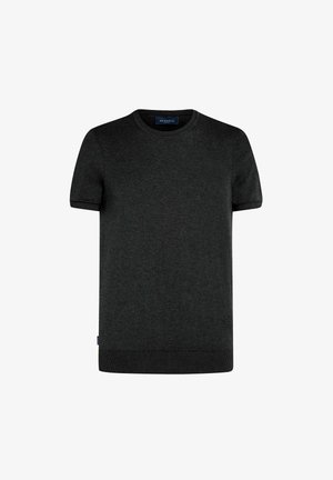 Donkergrijs kort mouwennknoopshirt met geribde boorden en zoom, met label "MR MARVIS" aan de binnenkant van de kraag.