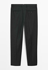 Black pinstripe trousers with a tailored design, featuring two back pockets with buttons and a smooth texture.