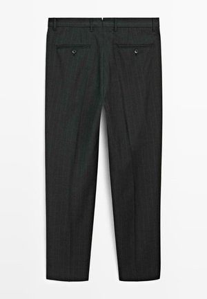 Black pinstripe trousers with a tailored design, featuring two back pockets with buttons and a smooth texture.
