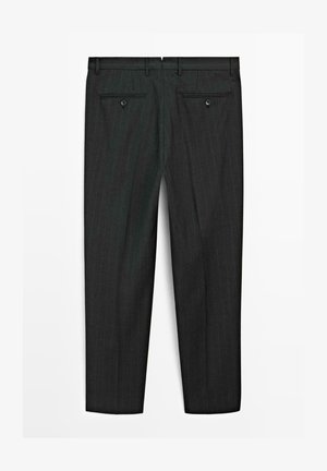 Black pinstripe trousers with a tailored design, featuring two back pockets with buttons and a smooth texture.
