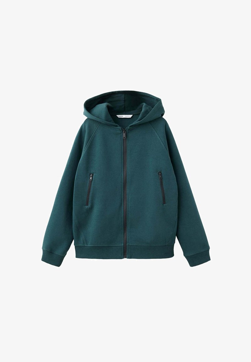 Sweat à capuche zippé vert foncé avec poches zippées à l'avant et poignets côtelés, présenté sur fond blanc.