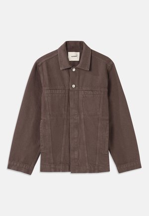 Brown, heavyweight jacket with a button closure, chest pockets, and a classic collar. Features structured seams and side pockets.