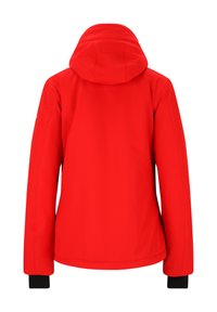 Veste rouge à capuche avec manches longues et poignets noirs, vue de dos sur fond blanc.