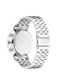 Edelstahl-Armbanduhr mit einem silbernen Gliederarmband, einem runden Gehäuse, wasserbeständig bis zu 54 ATM und einer gravierten Rückseite mit Markendetails.