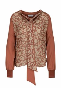 Bluse mit einem blumigen Muster in warmem Terrakotta, mit einem Bindekragen und langen Ärmeln mit gerippten Bündchen. Glatte Textur.