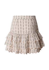 Light beige skirt with black leaf patterns, featuring layered ruffles and scalloped hem for a textured, feminine look.