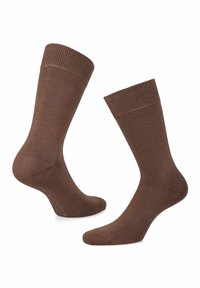 Brązowe skarpetki bawełniane z rypsowym ściągaczem, gładką teksturą i klasycznym fasonem do kostki. Brak widocznych wzorów lub akcentów.