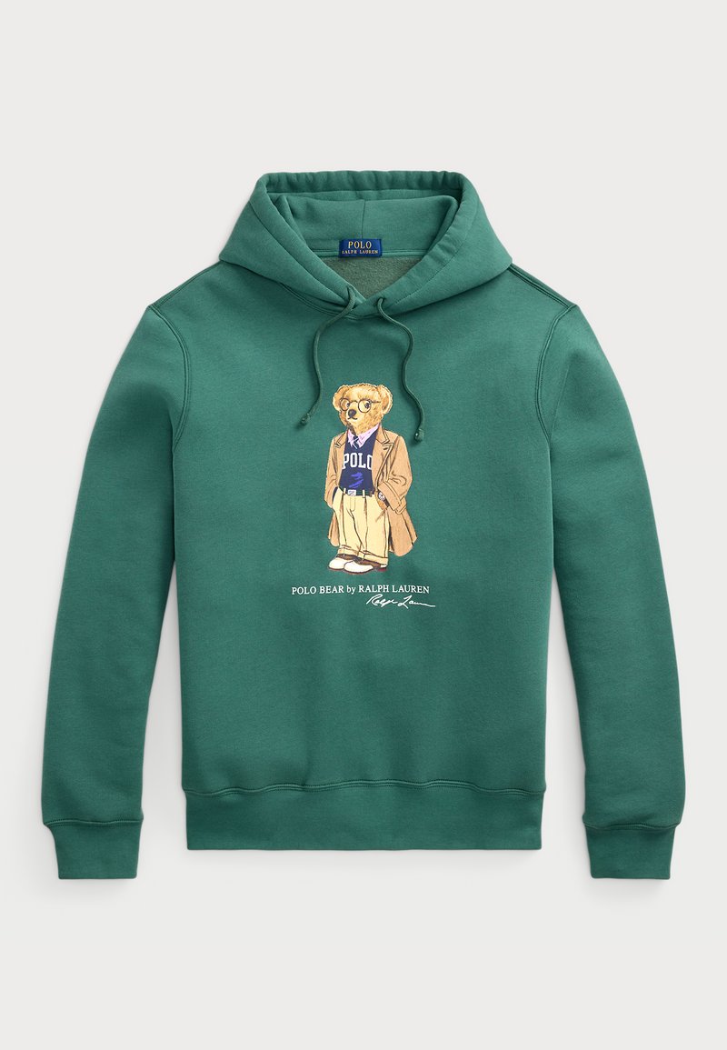 Zelená mikina s kapucňou vyrobená z bavlny, s grafikou medveďa v neformálnom oblečení a textom "Polo Bear od Ralph Lauren" pod dizajnom.