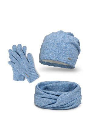 Blauwe gebreide muts, handschoenen en infinity sjaal set; geribbelde textuur, zacht materiaal, met een gemêleerd patroon en een naadloos ontwerp.