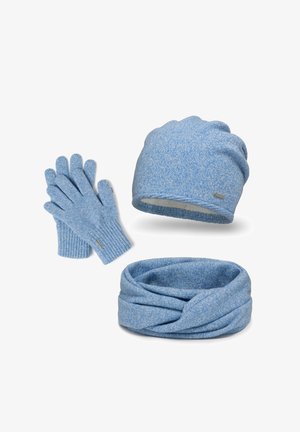 Blaues Strickmütze, Handschuhe und unendlicher Schal-Set; gerippte Textur, weiches Material, mit einem melierten Muster und nahtlosem Design.
