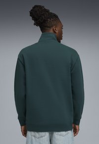 Donkergroen sweatshirt met hoge kraag, losse pasvorm en geribde manchetten. Heeft een zachte textuur en een minimaal ontwerp.