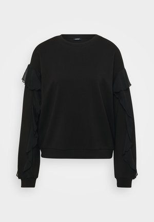 Zwarte sweatshirt met gerimpelde doorschijnende stofaccenten op de mouwen, ronde halsontwerp en geribbelde zoom. Soepele textuur met een relaxte pasvorm.