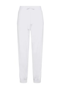 Witte joggingbroek met een koord in de taille, taps toelopende pijpen en elastische boorden; gemaakt van zachte stof met een gladde textuur.