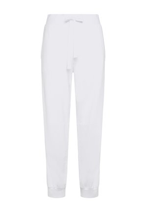 Weiße Jogginghosen mit einem Kordelzugbund, schmal zulaufenden Beinen und elastischen Bündchen; aus weichem Stoff mit glatter Textur gefertigt.